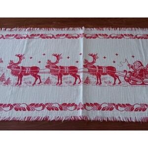 Vintage 60s Germany Christmas Table Runner Santa & Reindeer Red